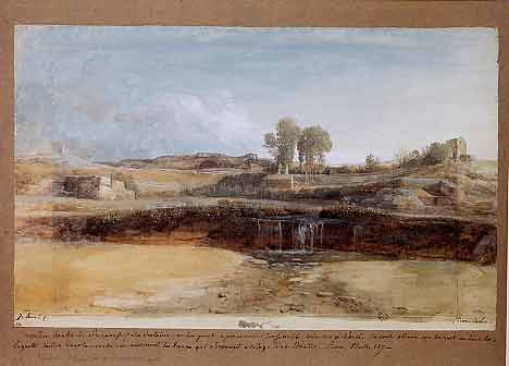 Jean Hoüel, Veduta integrale del teatro di Siracusa. In alto, ad est, è la grotta scavata nella roccia dove convergono le acque che servivano per uso del teatro. 1777 